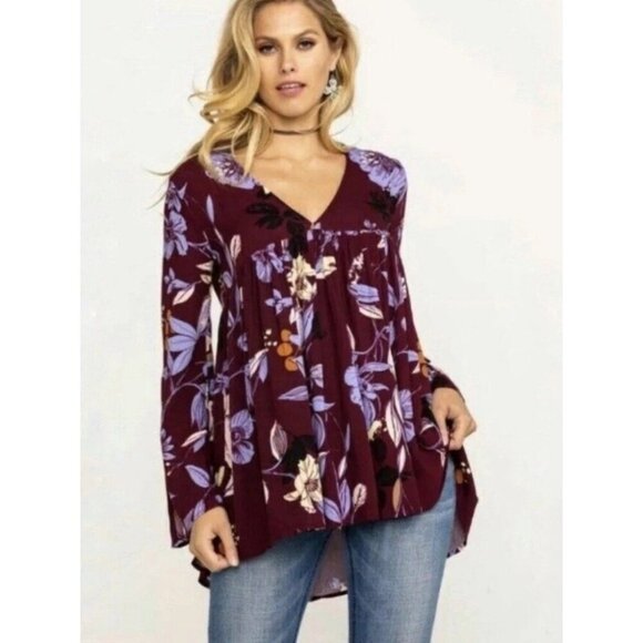 Free People Bella Floral Bell Sleeve Tunic Maroon Print V-Neck Blouse Size XS - Picture 1 of 8